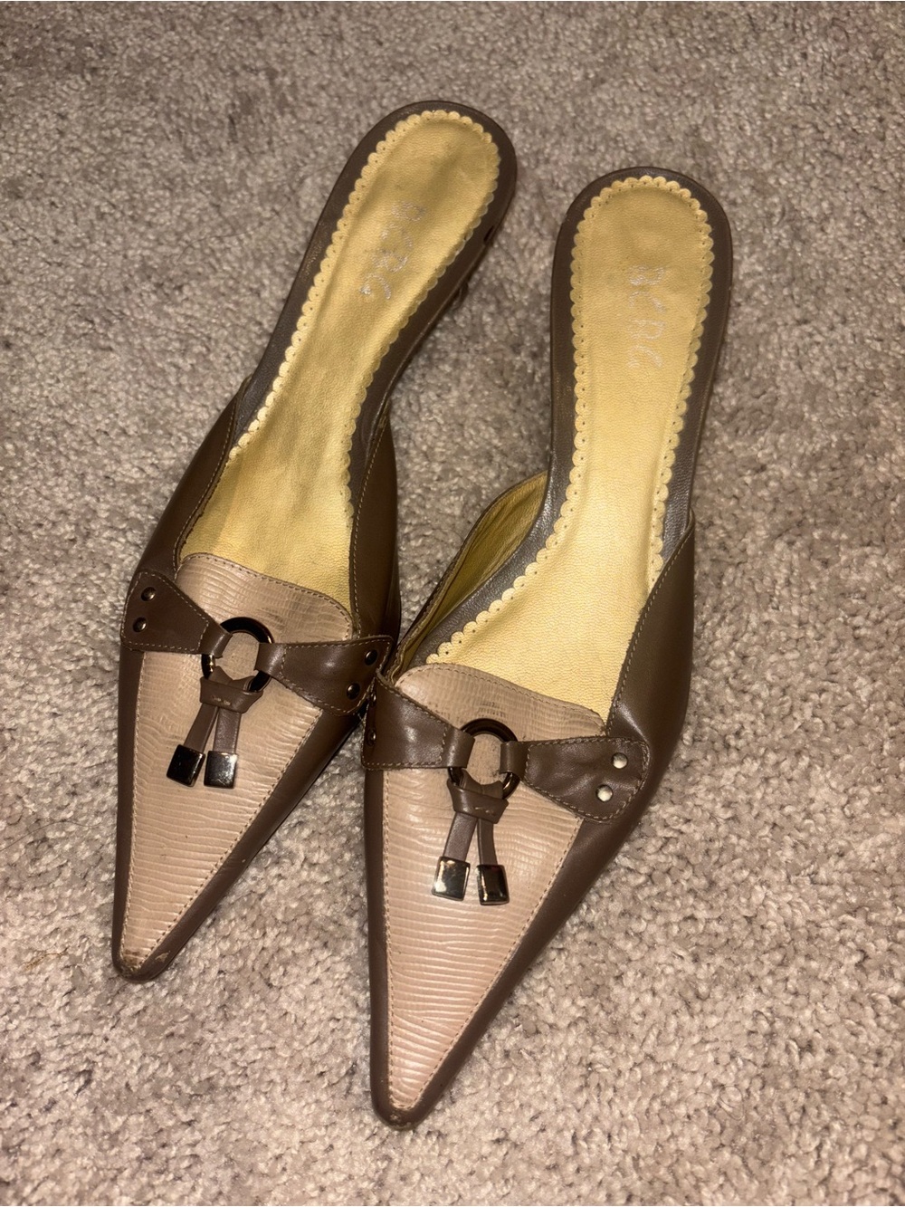 BCBG Paris Brown Pointed Slip-On Mules with Tassel Ring Accent